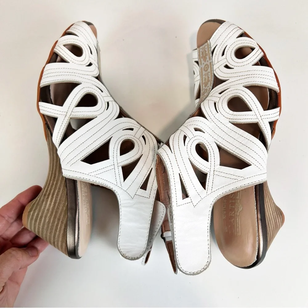L'Artiste by Spring Step Flourish Laser Cut Wedge Sandal White Leather Boho 42